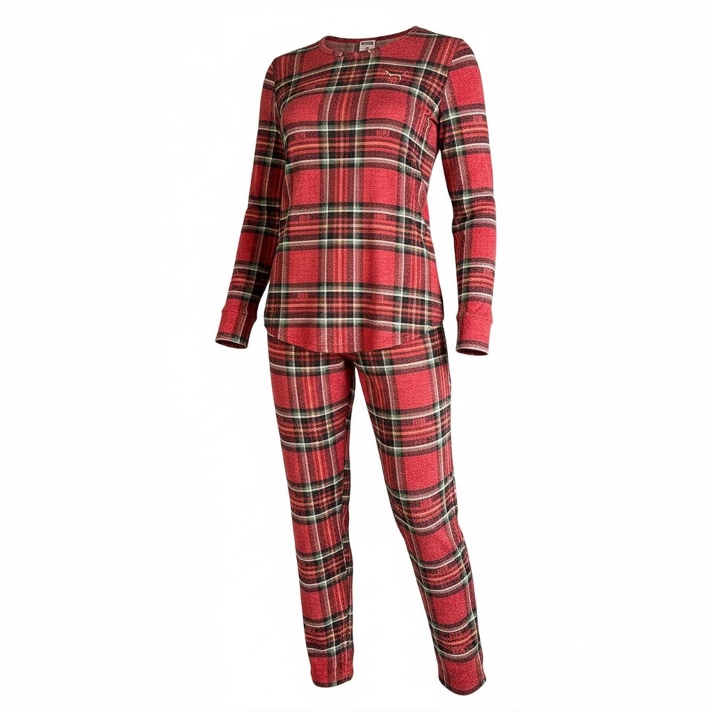 PINK Victorias Secret M Red Plaid Long John Pajama Set R $79 - Picture 4 of 12